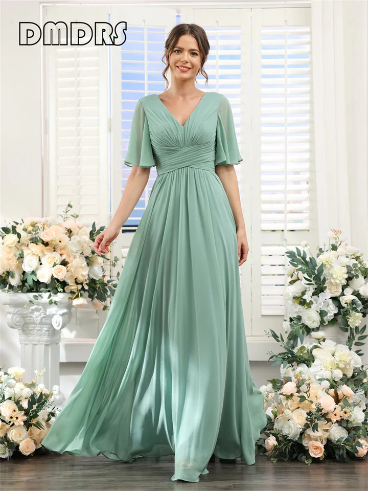 DMDR | Swing Formal Dress for Women Drusemaid Prom šaty, polovičné rukávy v krk šifón Dámske večerné šaty robe de soriee